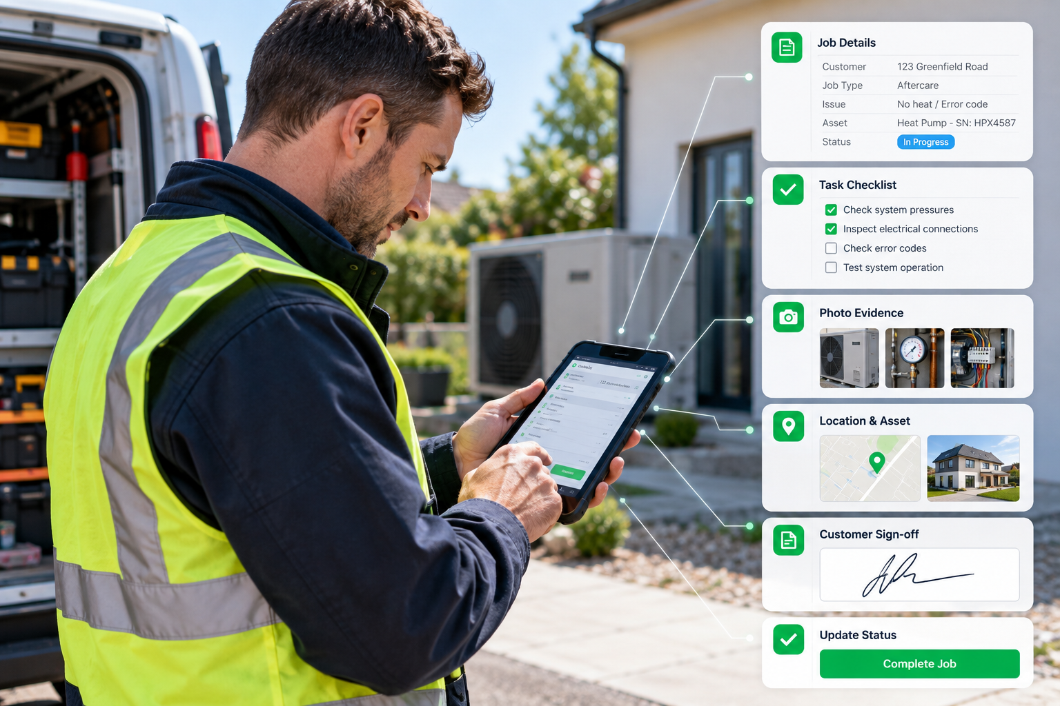 A field technician using a mobile task workflow with job details, checklist, photo evidence and customer sign-off.